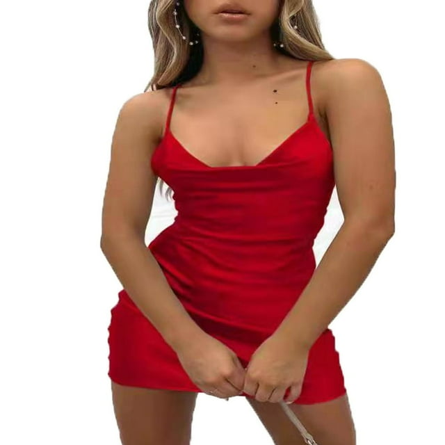 CNKOO Robe de Fête Mini Moulante Dos Nu à Bretelles Spaghetti en Satin pour Femmes Col Halter Midi Boîte de Nuit