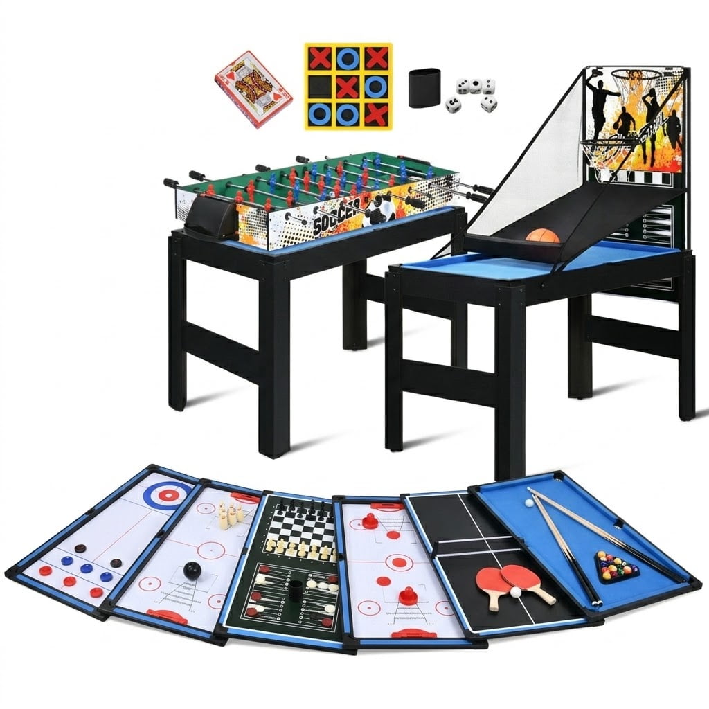 RayChee 48" Multi Game Tables 15-in-1 Combo Tabletop w/Foosball, Air Hockey, Pool, Ping Pong, Basketball, Chess, Poker, Bowling, Shuffleboard for Family Fun