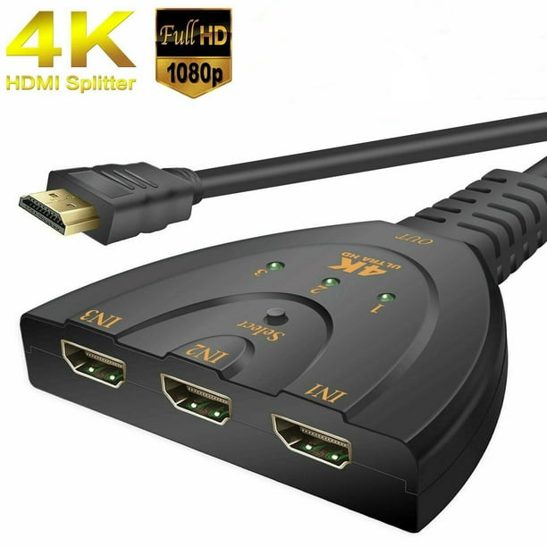 Sélecteur HDMI 3 ports, sélecteur de commutation automatique intelligent 3  x 1 prenant en charge Full HD 3D 1080p HDCP, répartiteur HDMI 3 en 1 avec  câble HDMI plaqué or 24 carats