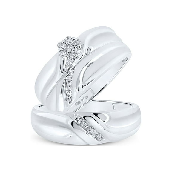 Sterling Silver His Hers Round Diamond Cluster Matching Wedding Set 1/6 Cttw