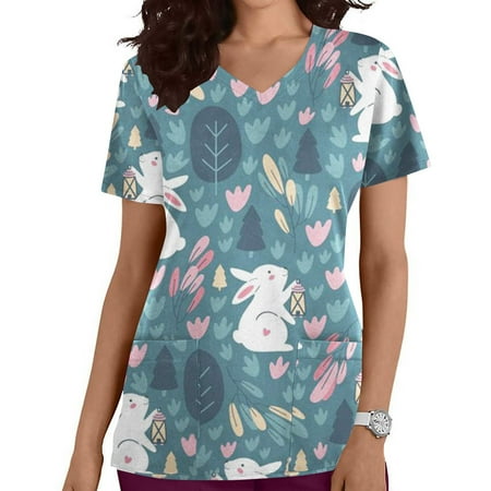 

PEONAVET Women Easter Scrub Shirts Easter Eggs Bunny Print V Neck Short Sleeve Working Uniform Scrub Tops Pockets - Savings Clearance