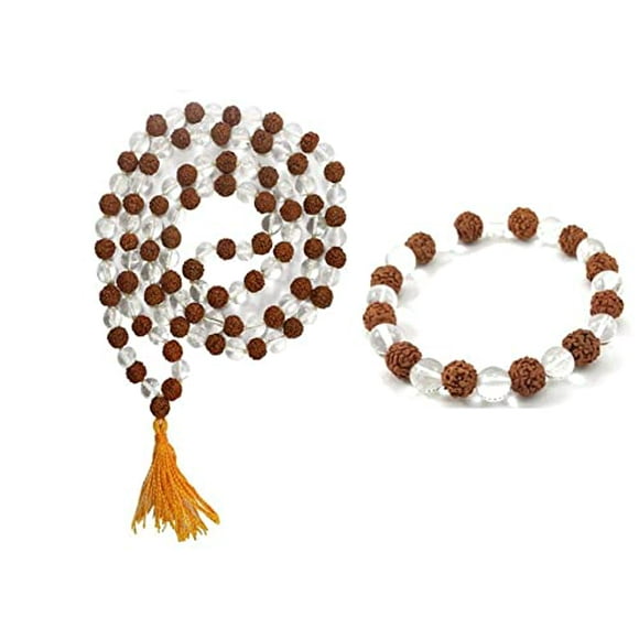 Naisha Rudraksha & Crystal Sphatik Beads Bracelet & 108 Beads Mala Natural Himalaya 5 face Rudraksh Seed, Rosary Crystal, Wrist Mala Wrap, Bracelet Bead Size 7 mm (Pack of 2)