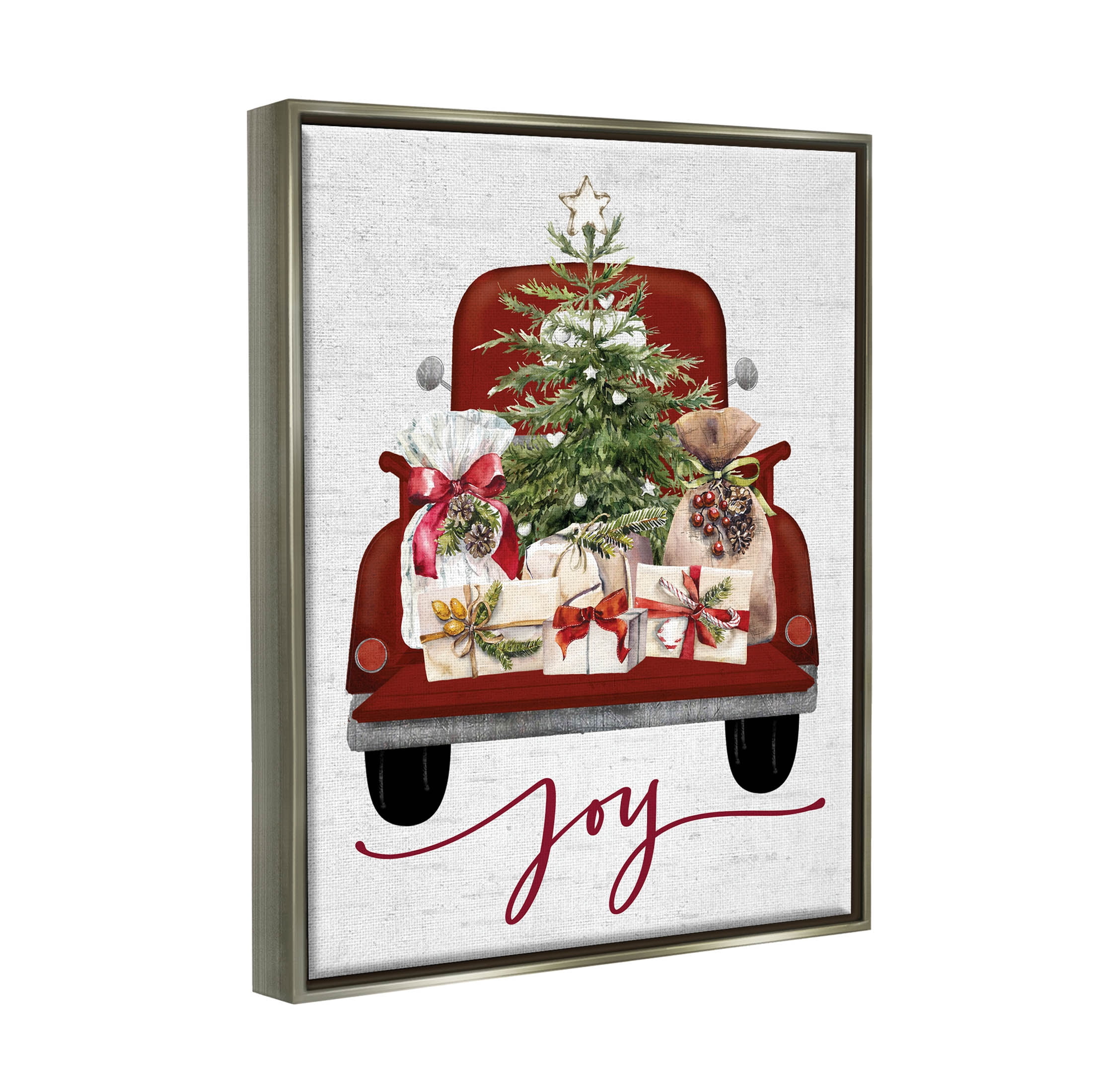 Stupell Industries Joy Holiday Red Gift Truck Graphic Art Luster Gray Floating Framed Canvas Print Wall Art, Design by Lettered and Lined