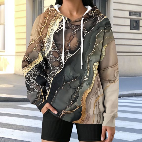 Ciovxyn Women's Printed Hoodie Drop Shoulder Loose Long Sleeve Casual Pullover Sweatshirt