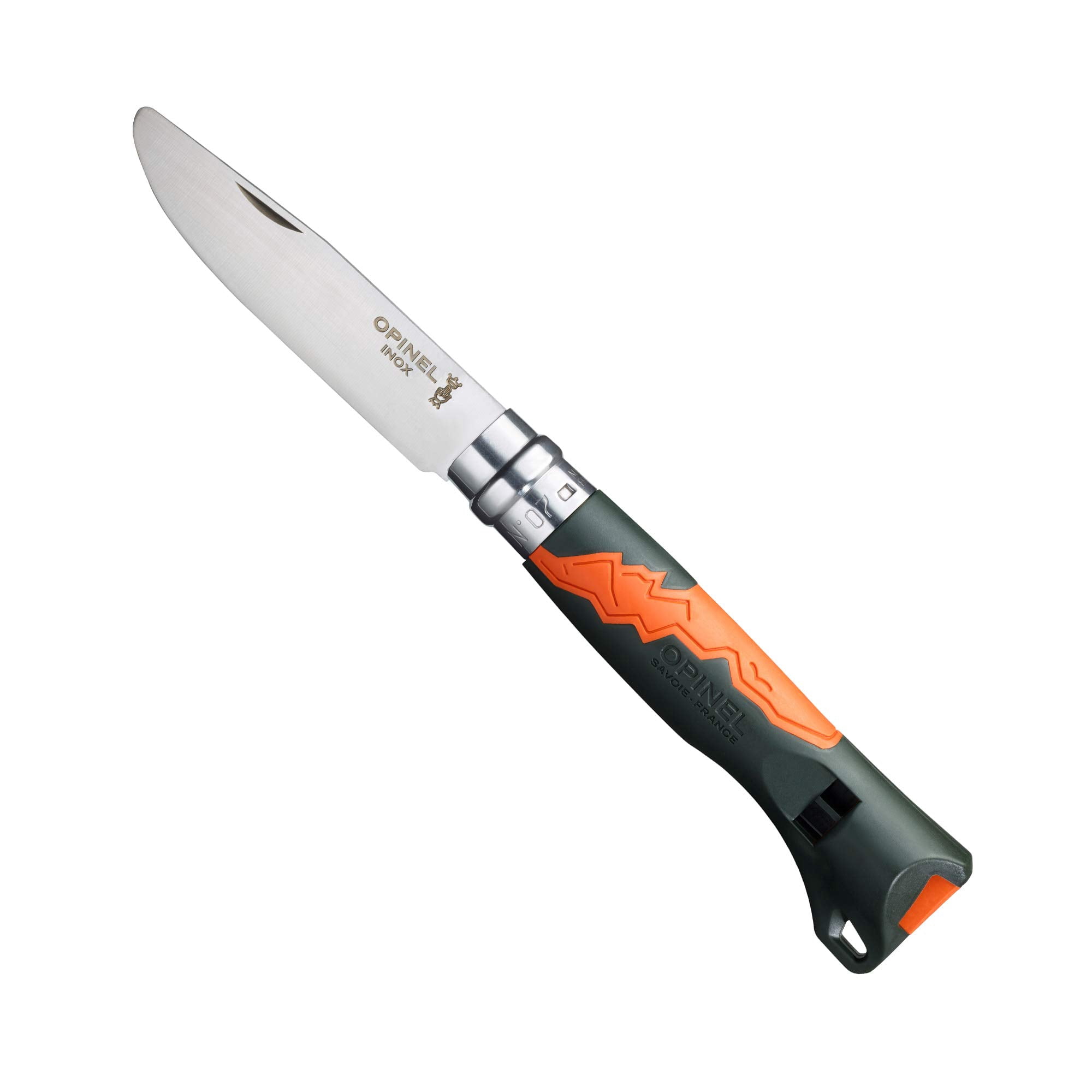Opinel Outdoor Junior No. 07 Stainless Steel Folding Knife with Safety Rounded Tip, Integrated Whistle, Made in France (Orange)