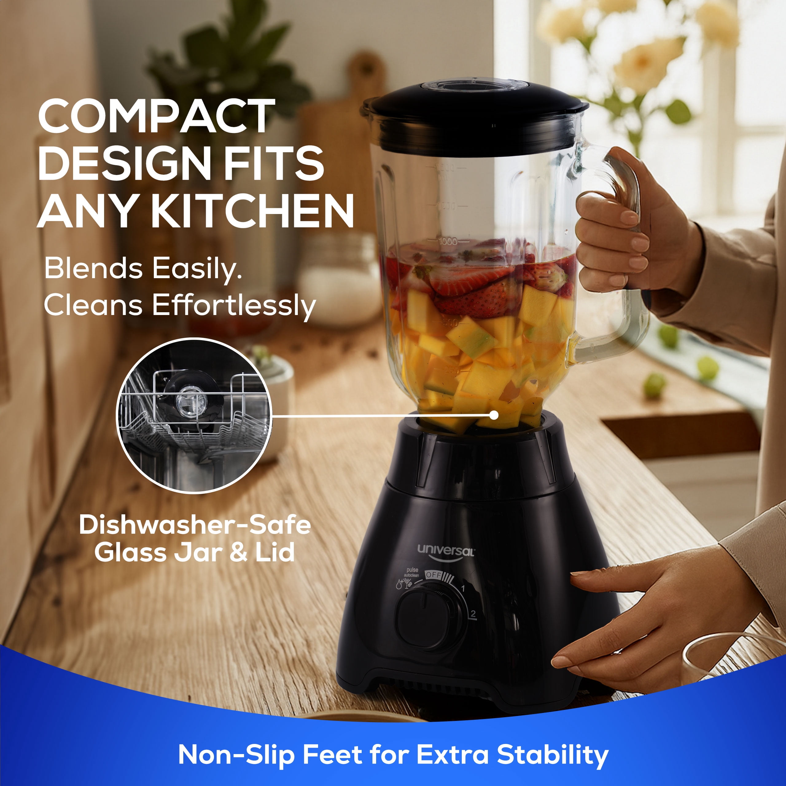 Universal 550W Mass Vital Blender - Glass Jar 57 Oz / 1.8 Quart / 1.7 Liter, 2 Speed + Pulse Function and 4 Stainless Steel Blade with Chrome Steel Technology
