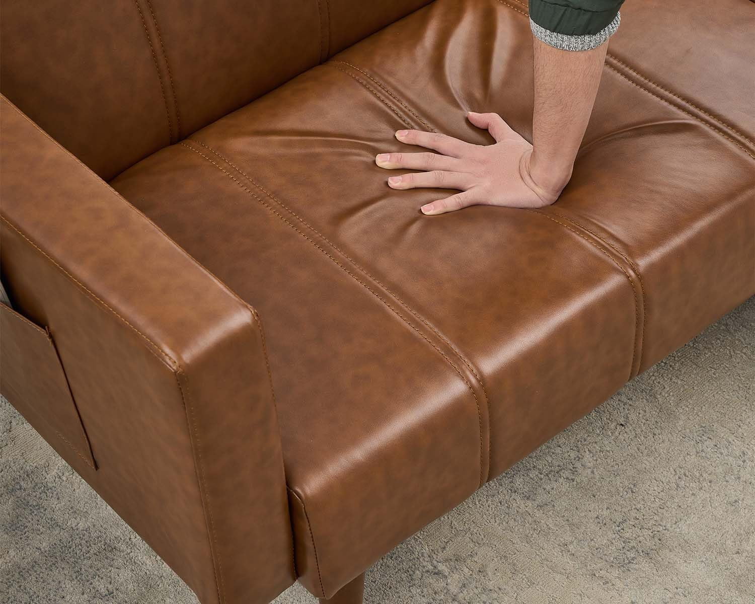 75 in Futon Sofa Bed - Convertible Sleeper Sofa with Adjustable Backrest - Loveseat Small Sofa Bed with Side Pockets - Mid Century Modern Futon Couch - Brown PU Leather Couch for Living Room