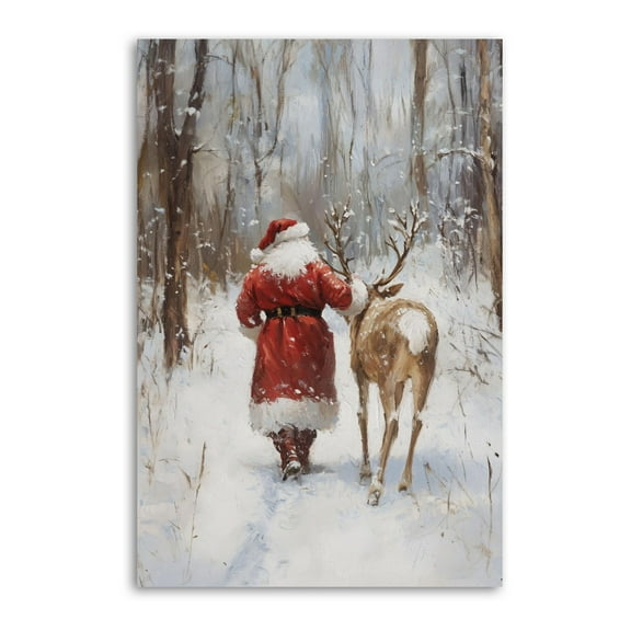 Vintage Christmas Santa Deer Snowy Forest-1 Picture Print Canvas Poster Wall Paint Art Posters Decor Modern Home Artworks Gift 16x24inch(40x60cm)