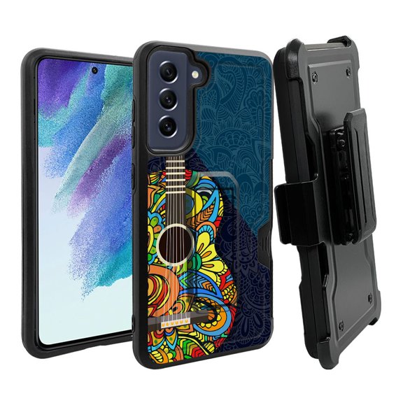 ANJ  Rugged Dual Layer Hybrid Holster Kickstand Case w/ Card Slot   Tempered Glass Cover for Samsung Galaxy S21 FE 5G - Paisley Guitar