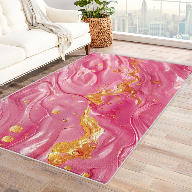 Marble Rugs for Living Room Bedroom Entryway - Pink Gold Rug 2x3 - Abstract Art Carpet for Home Decor - Washable Non Slip Patterned Indoor Small Area Rug - Soft & Low Pile (ZJ&474)