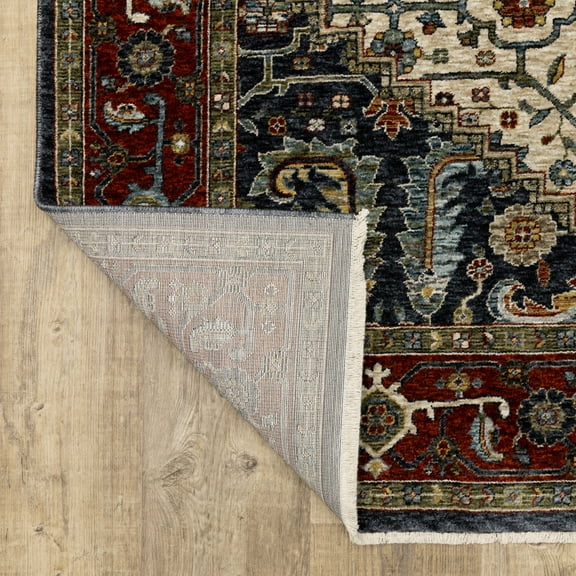 HomeRoots Ivory Beige Gold Green And Navy Oriental Power Loom Stain Resistant Runner Rug