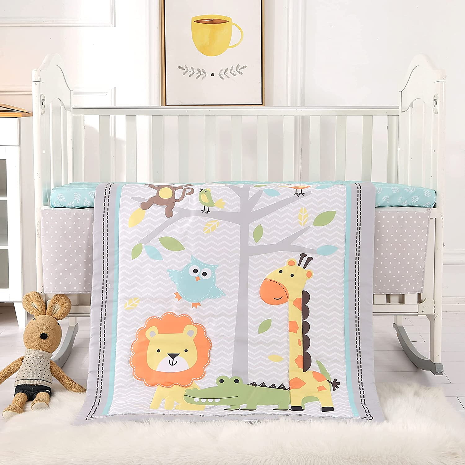 3 Piece Baby Crib Bedding Set for Boys Grey Lion Giraffe Soft Toddler Nursery Bedding Set with Crib Comforter Fitted Crib Sheet Crib Skirt for