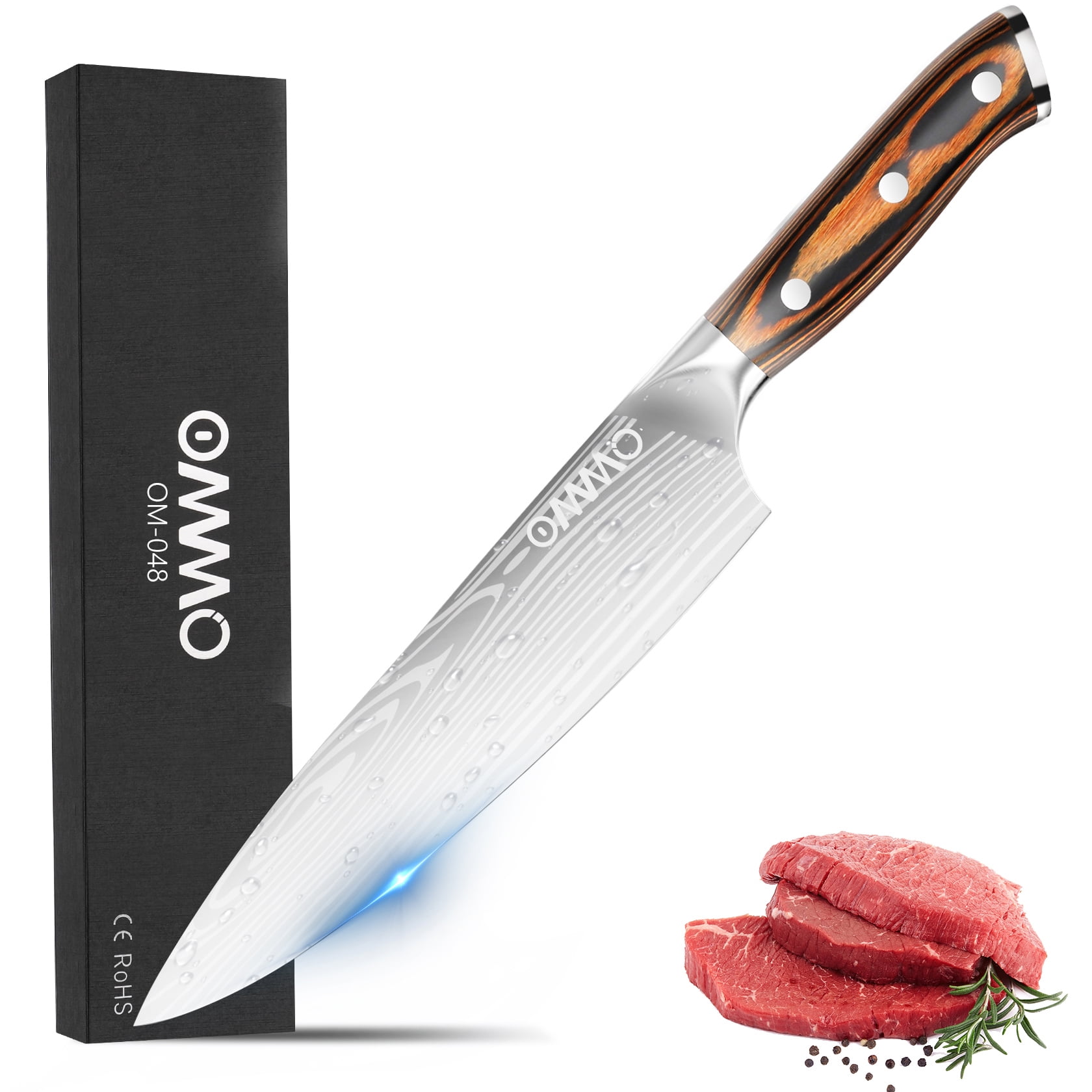 OMMO Chef Knife, 8 Inch High Carbon Stainless Steel Ultra Sharp  Professional Kitchen Knife with Ergonomic Handle, Included Sheath and Box 