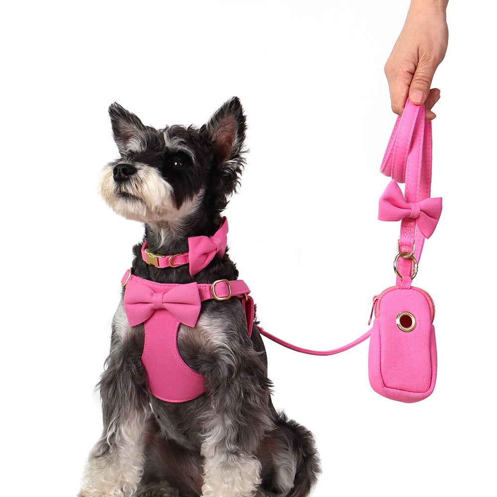 Pet Artist 4pcs Cute Bowtie Dog Harness and Collar and Leash and Poo Bag Holder Adjustable Pet Puppy Cat Vest