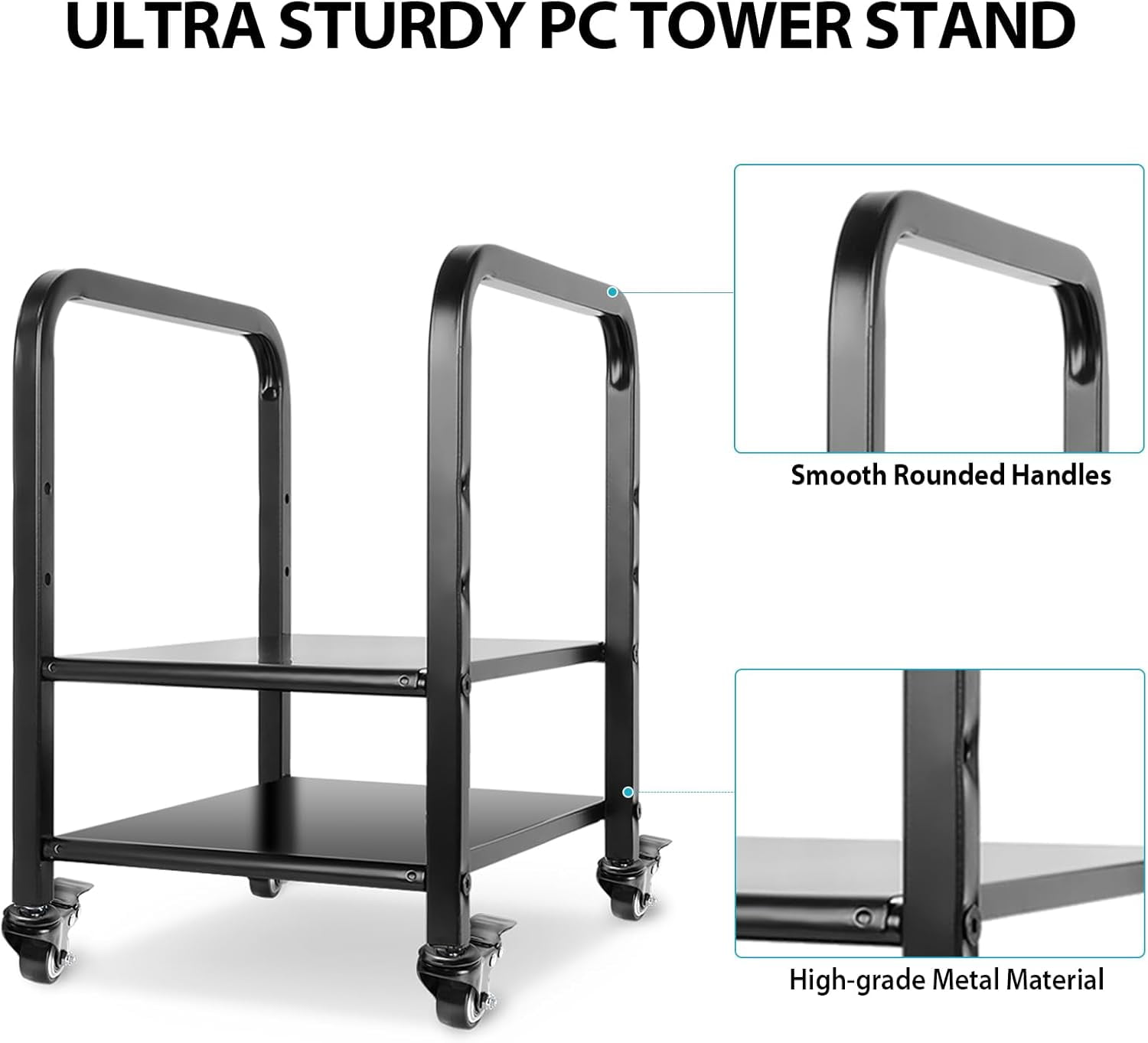 360Tronix Height Adjustable Computer Tower Stand, Metal Rolling Cart on Wheels for ATX Case Printer, Black Square Tube