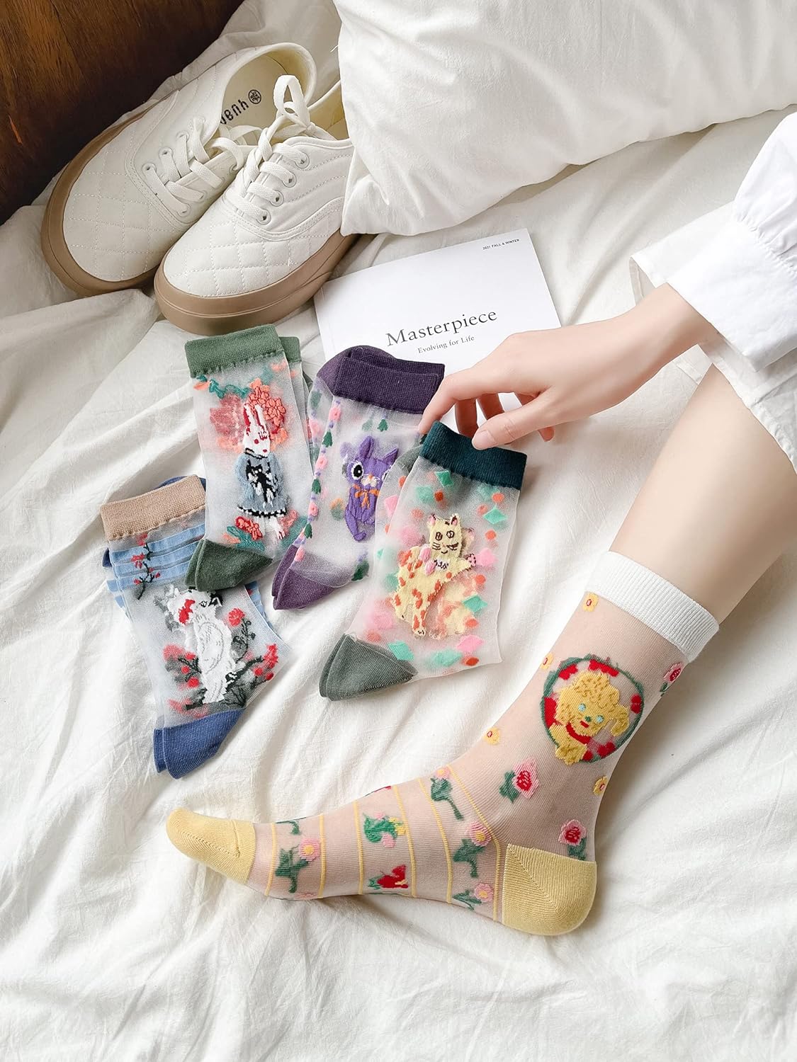 CHUNTIAN Sheer Socks,Vintage Transparent Flower Ankle High Socks,Thin Mesh Glass Silk Socks,No Slip Socks for Women