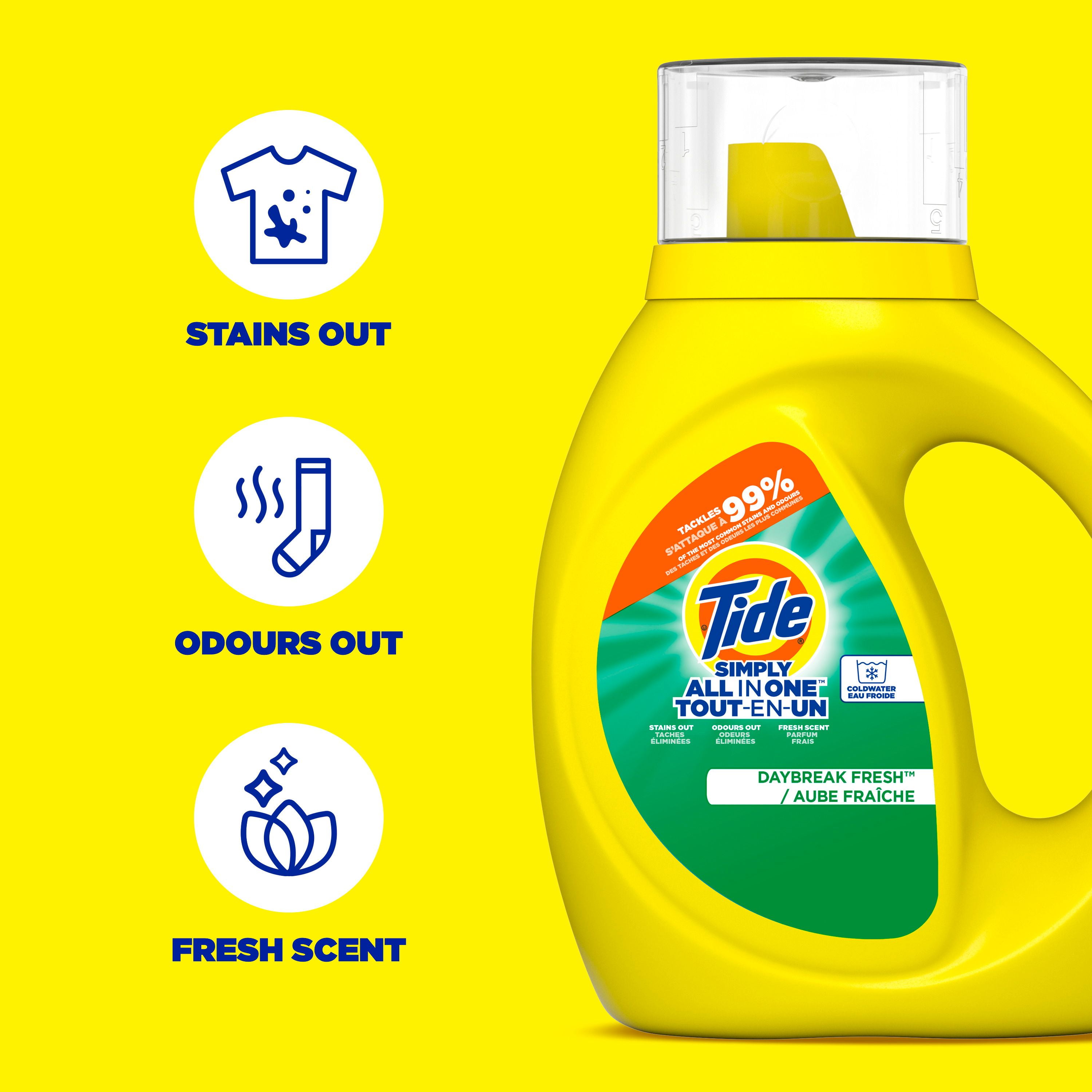 Détergent à lessive liquide Tide Simply Tout-en-un, parfum Aube fraîche, 24 brassées, 946 mL