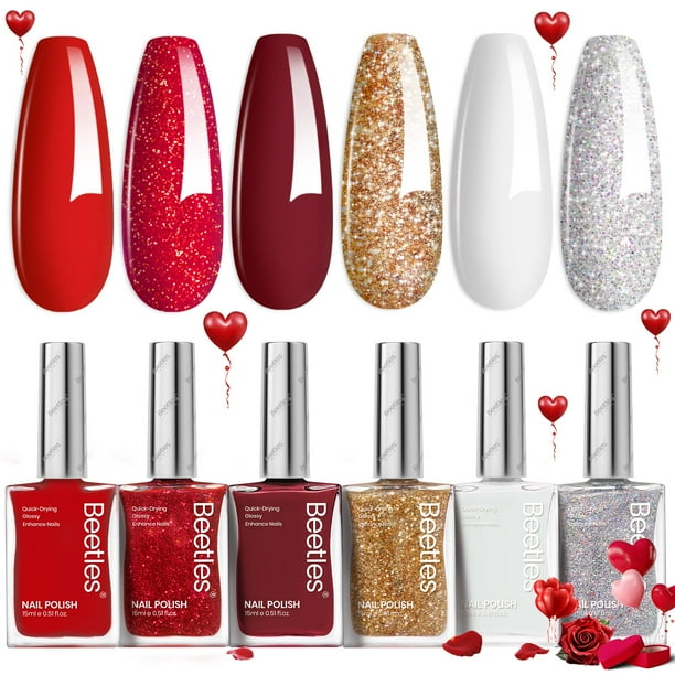 Set de esmaltes de uñas Beetles Red Glitter Burgundy, 6 unidades para mujer