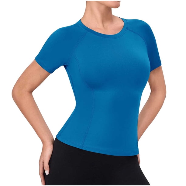 Camiseta de Manga Corta de Yoga para Mujeres Color Sólido Moda Casual Respirable Apretado Deportivo de Alta Elasticidad Camiseta de Carrera de Manga de Raglan Cuello Redondo Top de Manga Corta de Muj