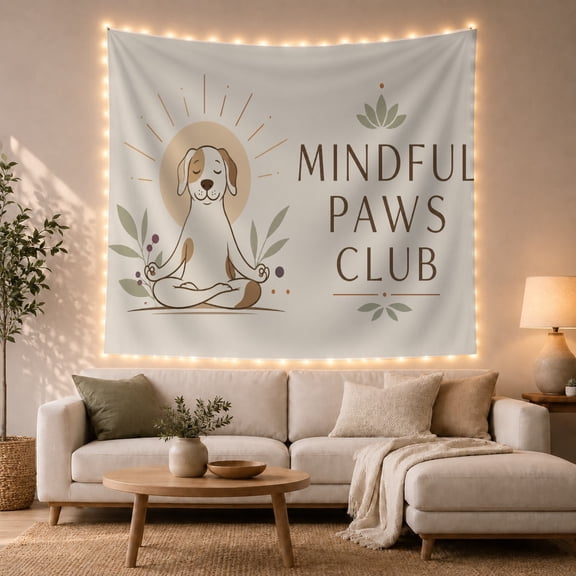 Mindful Dog in Seated Pose Against Soft Beige Halo with Greenery, Calming Minimalist for Dog Lovers, Peaceful Wellness Art, Housewarming Gift, Tapestry Wall Hanging for Living Room and Bedroom