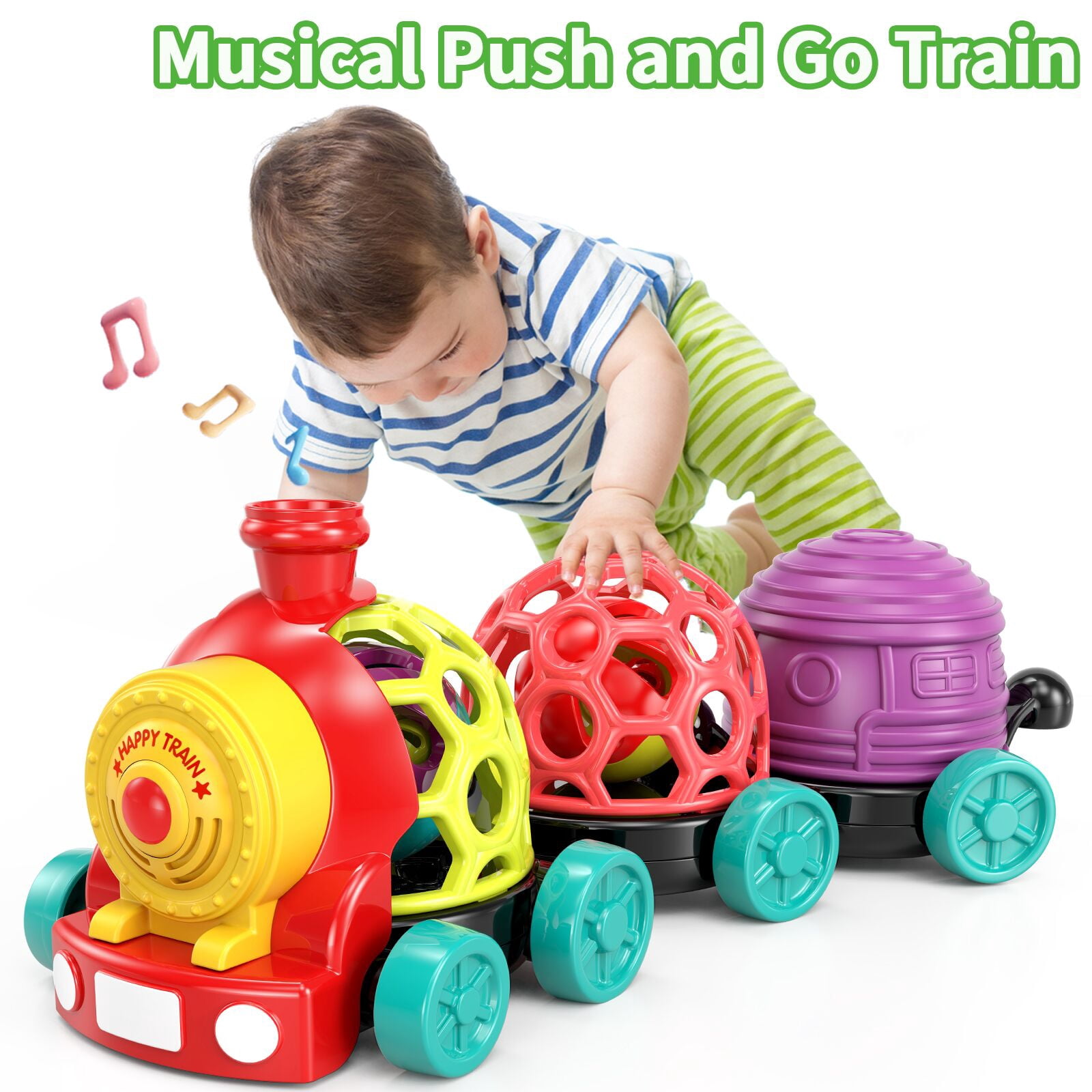 Wanonoo Baby Car Toys for 1 Year Old Boy Gifts, Musical Train Toy for Toddlers 1-3 Soft Rattles Push Developmental Baby Boy Toys for 6-12 12-18 Months Birthday Christmas Gifts for Toddler 1-3
