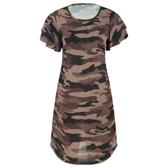 WTXUE Dresses for Women 2024, Women's Crewneck Camo Print Dress Loose Casual Dress Short Sleeved Loose Dress, Khaki L
