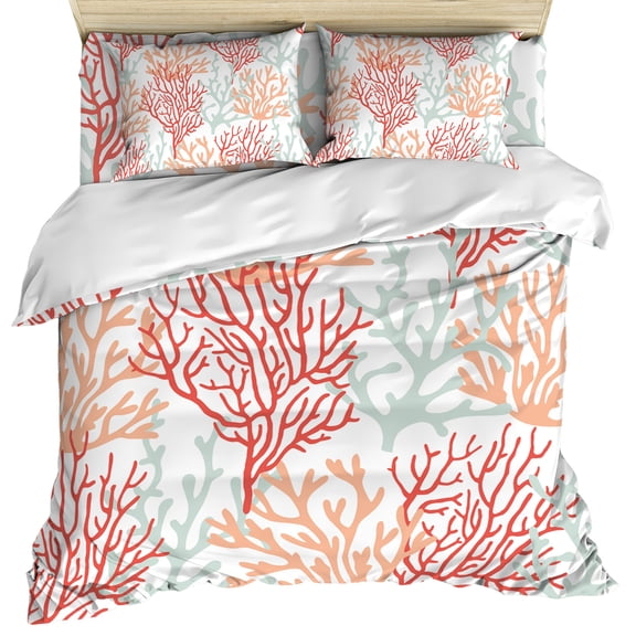 Red Orange Grey Coral Coastal Duvet Cover Set, Summer Beach Seaside Nautical Soft Duvet Cover Twin Size Bedding Set 4 Pieces, 1 Quiltcover and 2 Pillowcases with Zipper, 1 Bed Sheet for All Seasons