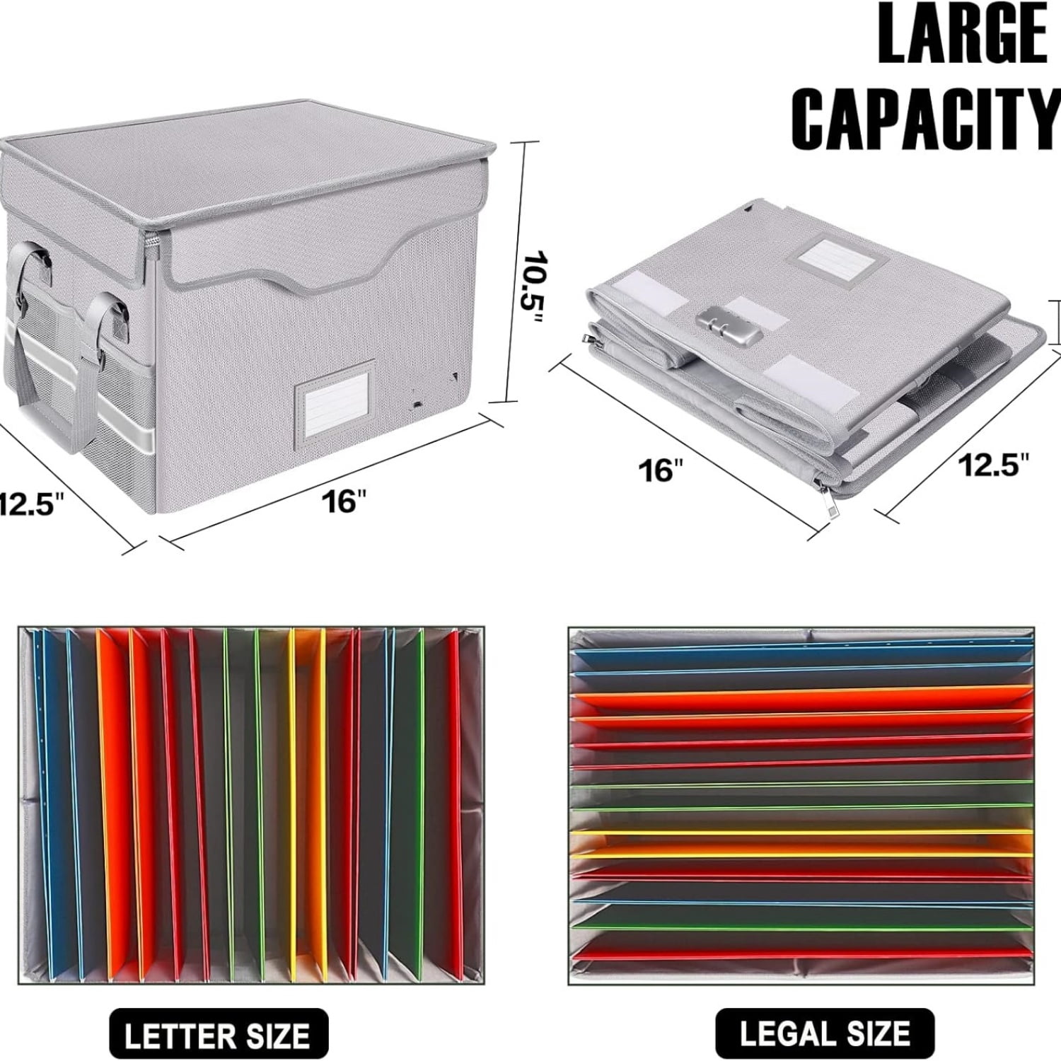 Fireproof Document Box with Lock,File Storage Organizer with Pockets,Collapsible Portable File Box Home Office Safe Filing Cabinet with Handle for Hanging Letter/Legal Folders,Silver,2 Pack