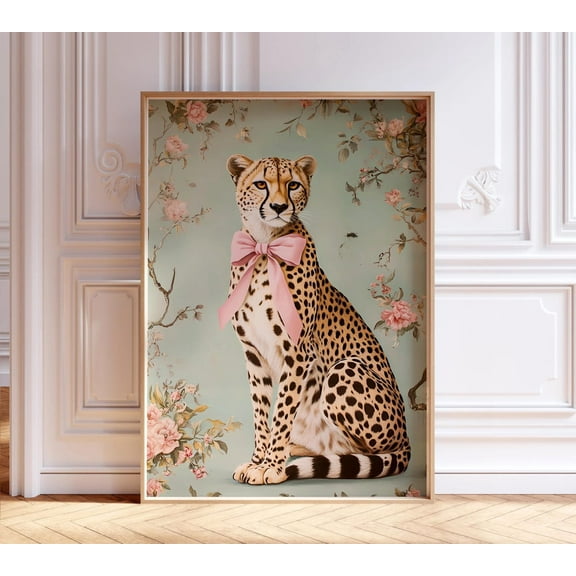 Cheetah With Pink Bow Print, Light Green Chinoiserie Artwork, Pastel Modern Cheetah Art, Elegant Animal Poster, Wall Art, Modern Wall Decor, 8x12 UNFRAMED