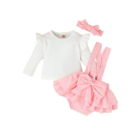 

uukiA Baby Girls Long Sleeve T-Shirt Cascading Ruffle Suspender Shorts Headband Outfit Set
