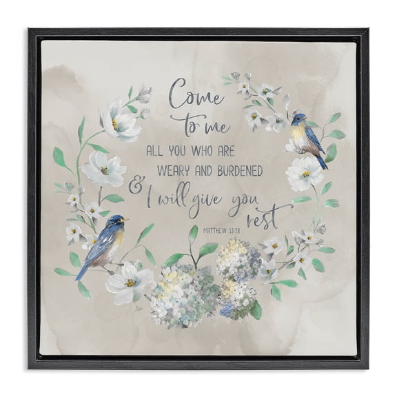 Stupell Industries Comforting Proverb & Wreath Spiritual Painting Black Floater Framed Canvas Art Print Wall Art, 18 x 18