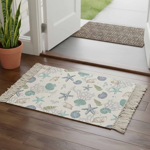 Coastal Starfish Bathroom Rug 2'x3', Ocean Coral Shell Beach Marine Life Low Profile Front Entryway Rug with Tassels, Woven Cotton Washable Kitchen Mat Carpet for Foyer Bedroom Back Door Decor