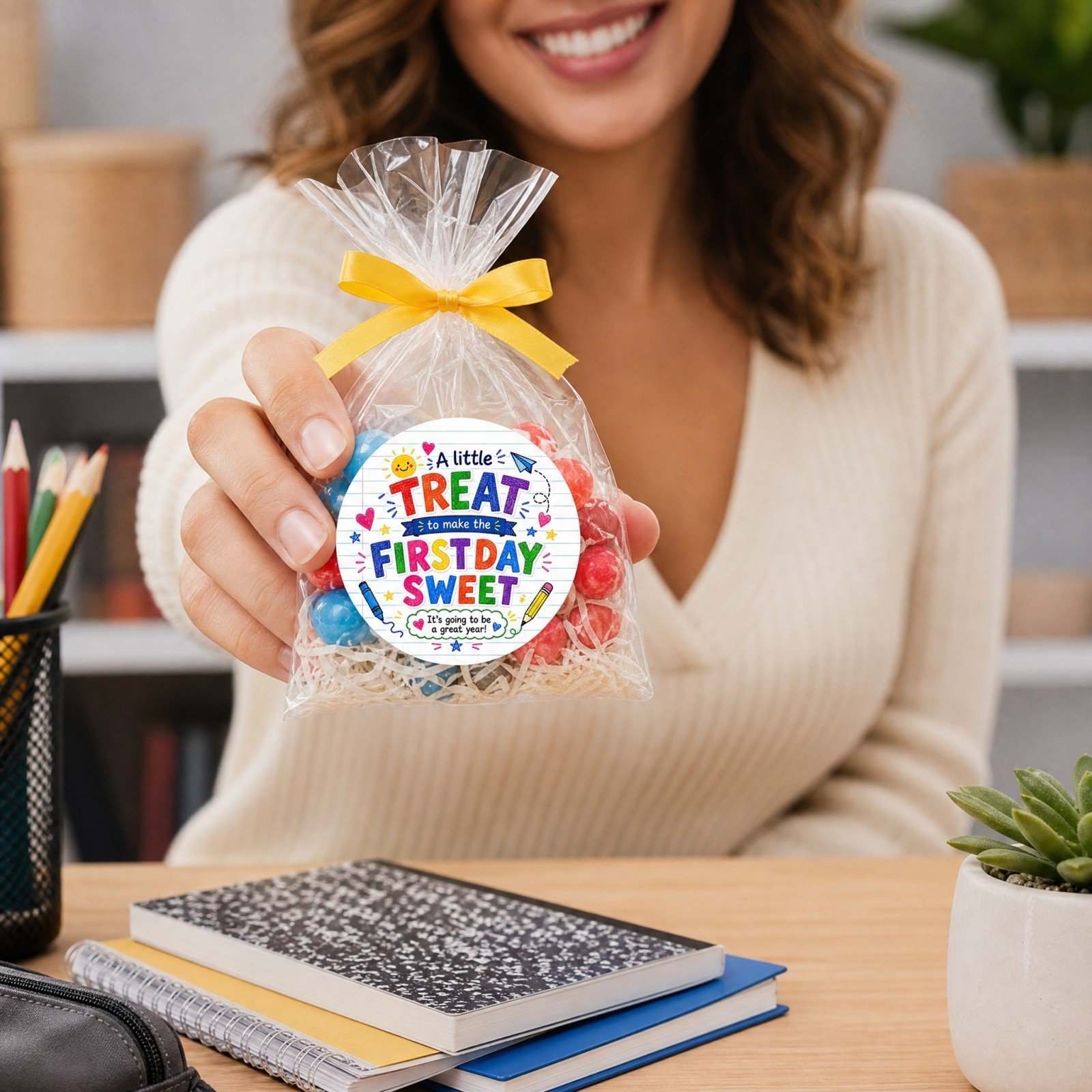 Back To School Stickers 60Pcs Round Treat Label Stickers Colorful Crayon Style Design Great For Classroom Treat Bags Candy Bags Student Reward Gifts School Party Favors(White)