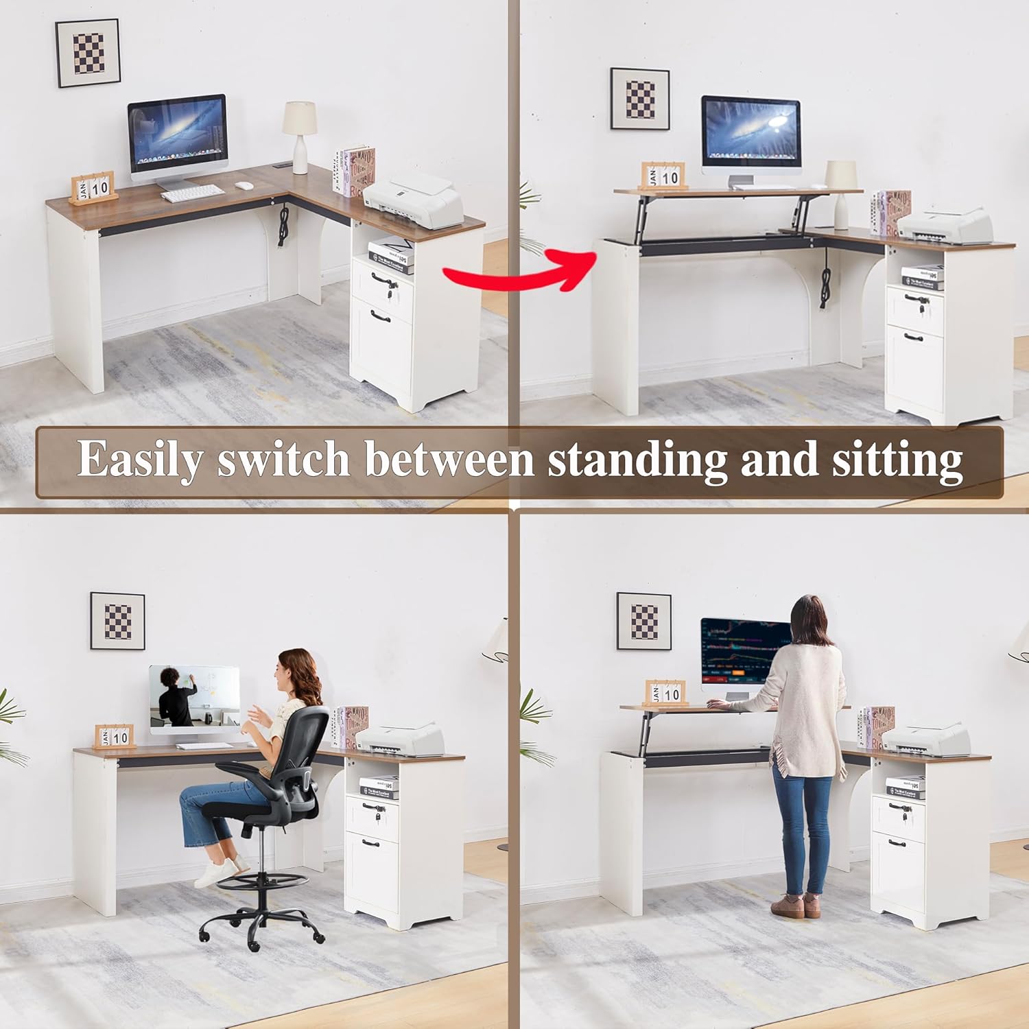 55" Farmhouse L-Shaped Desk with Lift Top,Movable Monitor Stand,L Shaped Standing Office Desk with Lockable Drawer & Adjustable File Drawer,Lift Top Computer Desk with Power Outlets