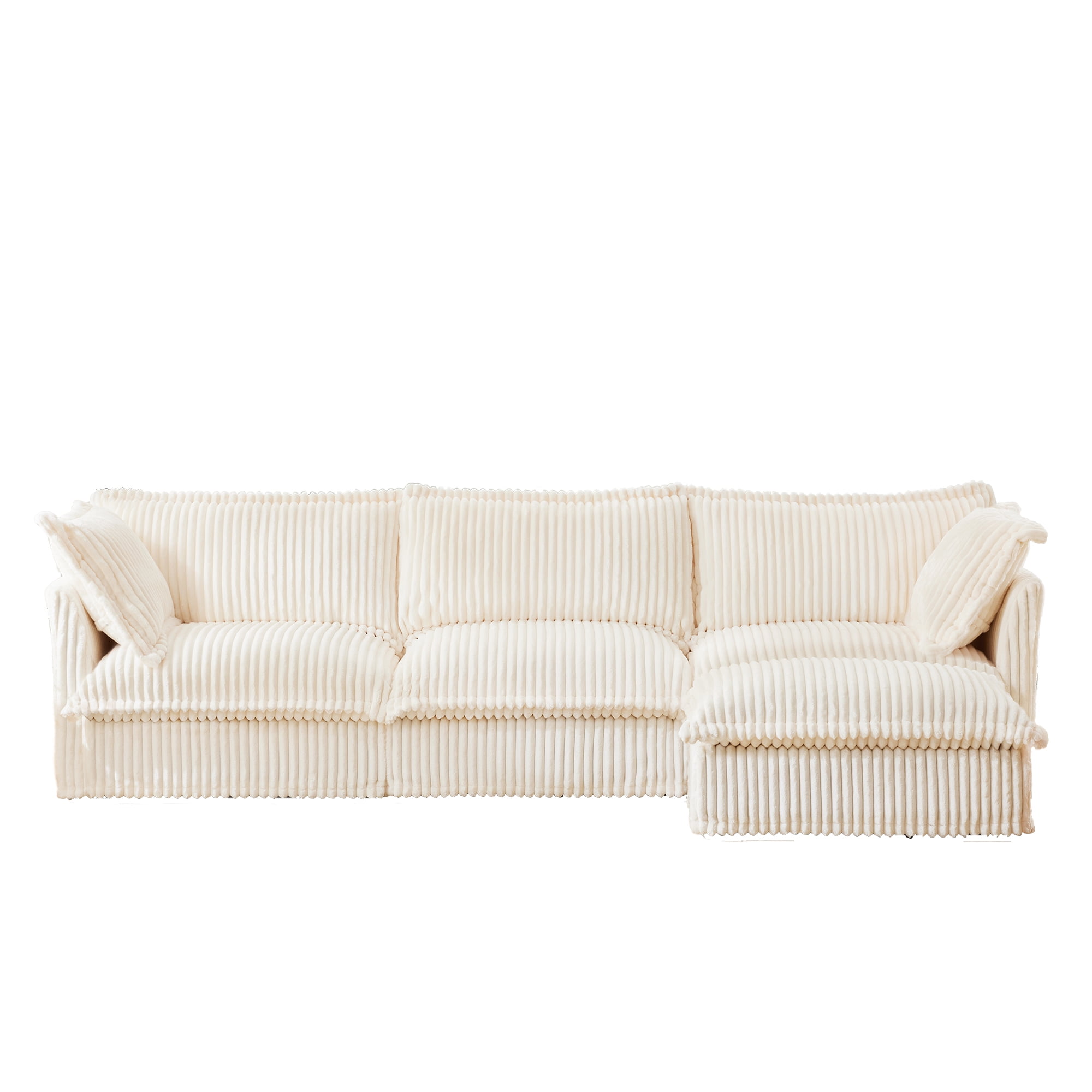 Gewnee Deep Seat Modern 3 Seater Sectional Sofa Couch With Ottoman,L Shape Cream Corduroy Fabric Comfy Couch for Living Room