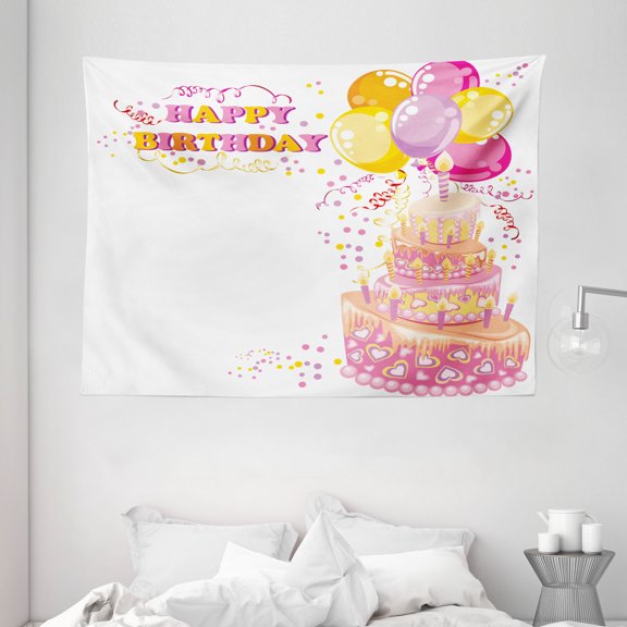 Birthday Decorations for Kids Tapestry, Girl Themed Party Cake Candles Balloons Hearts Image, Wall Hanging for Bedroom Living Room Dorm Decor, 80W X 60L Inches, Pink and Orange, by Ambesonne