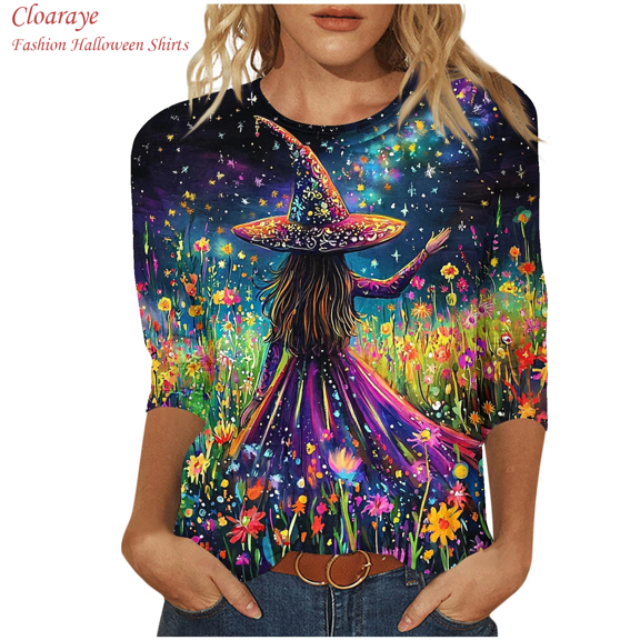 Cloaraye Halloween Tshirts Women, 3/4 Length Sleeve Womens Tops, Fashion Print Crew Neck Halloween Shirts