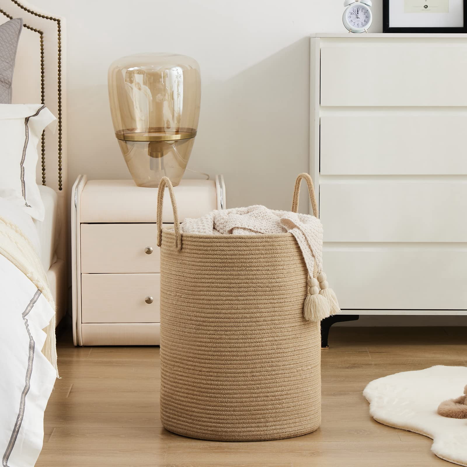 Jute Rope Laundry Hamper Basket , 58L Tall Laundry Basket, Baby Nursery Hamper for Blanket Storage for Bedroom-Large-Jute