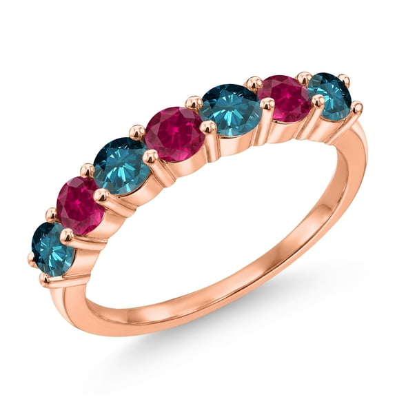 Gem Stone King 18K Rose Gold Plated Silver Round Blue Diamond Red Created Ruby Anniversary Ring for Women (1.35 Cttw, Gemstone Birthstone, Size 7) (Size 7)