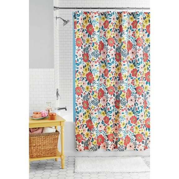 Mainstays 14-Piece Pink Floral Shower Curtain Set – 72" x 72" Faux Linen Fabric, Waterproof PEVA Liner & Metal Hooks, Machine Washable