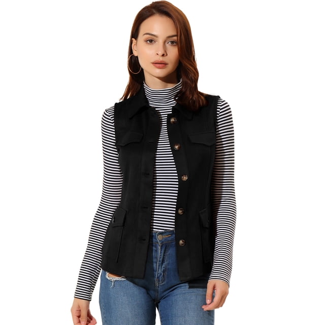 Chaqueta Sin Mangas Rústica Para Mujer Con Botones Y Botones Tipo Anorak Estilo Cargo De Ante Sintético Negro M