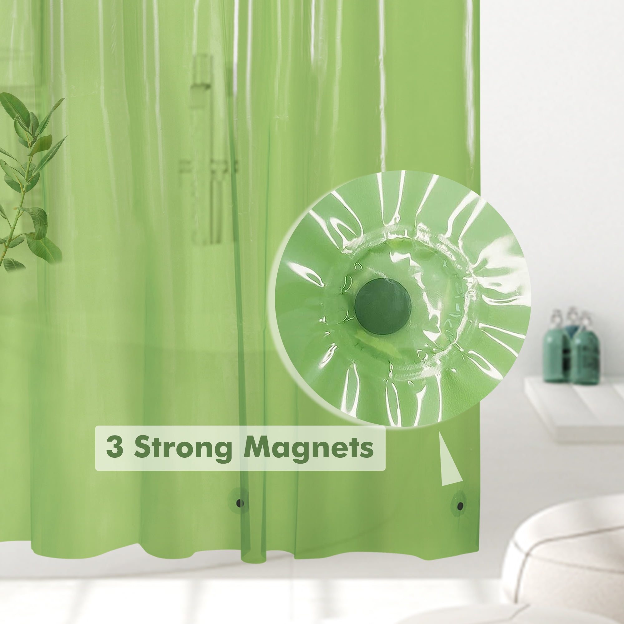 Barossa Design Lightweight Waterproof Shower Curtain PEVA Liner with 3 Magnets -Clear Green, 72" x 72"