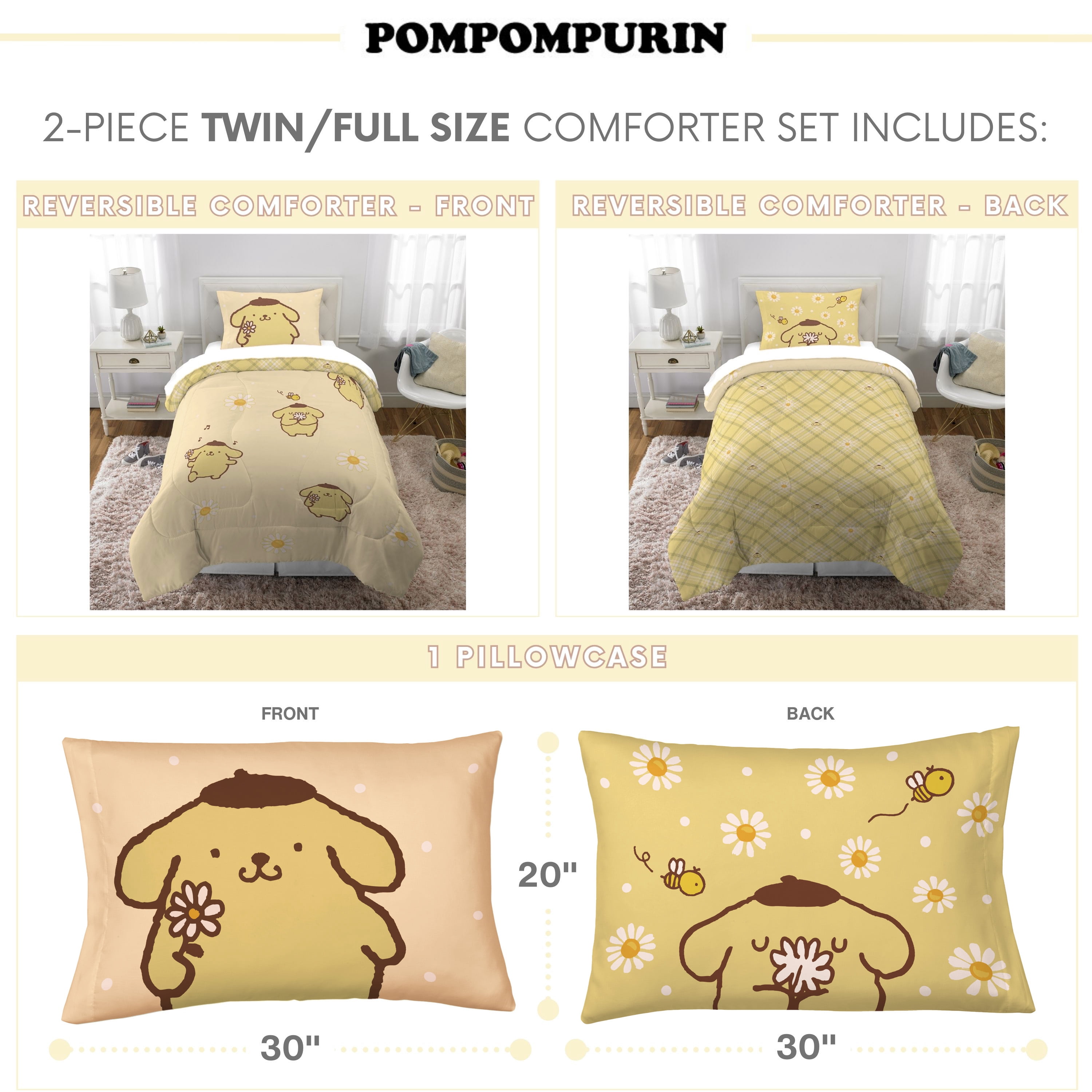 Pompompurin 2 Piece Yellow Reversible Comforter and Pillowcase set, Twin/full, Sanrio