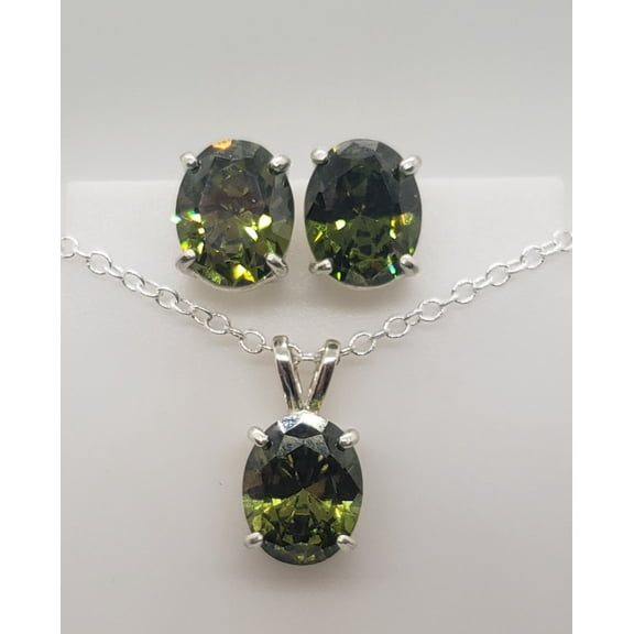 Oval Moldavite Sterling Silver Earring/Necklace Set