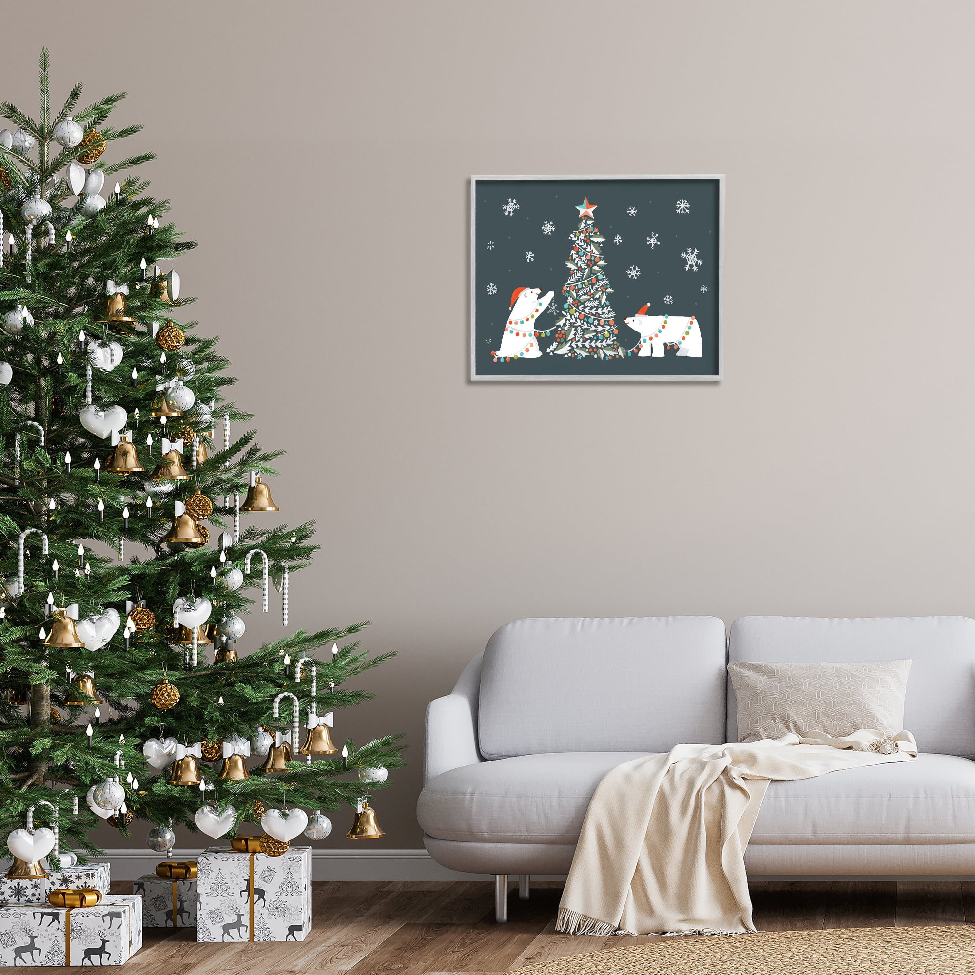 Stupell Industries Polar Bears with Christmas Tree Holiday Painting Gray Framed Art Prints Wall Art, 30 x 24