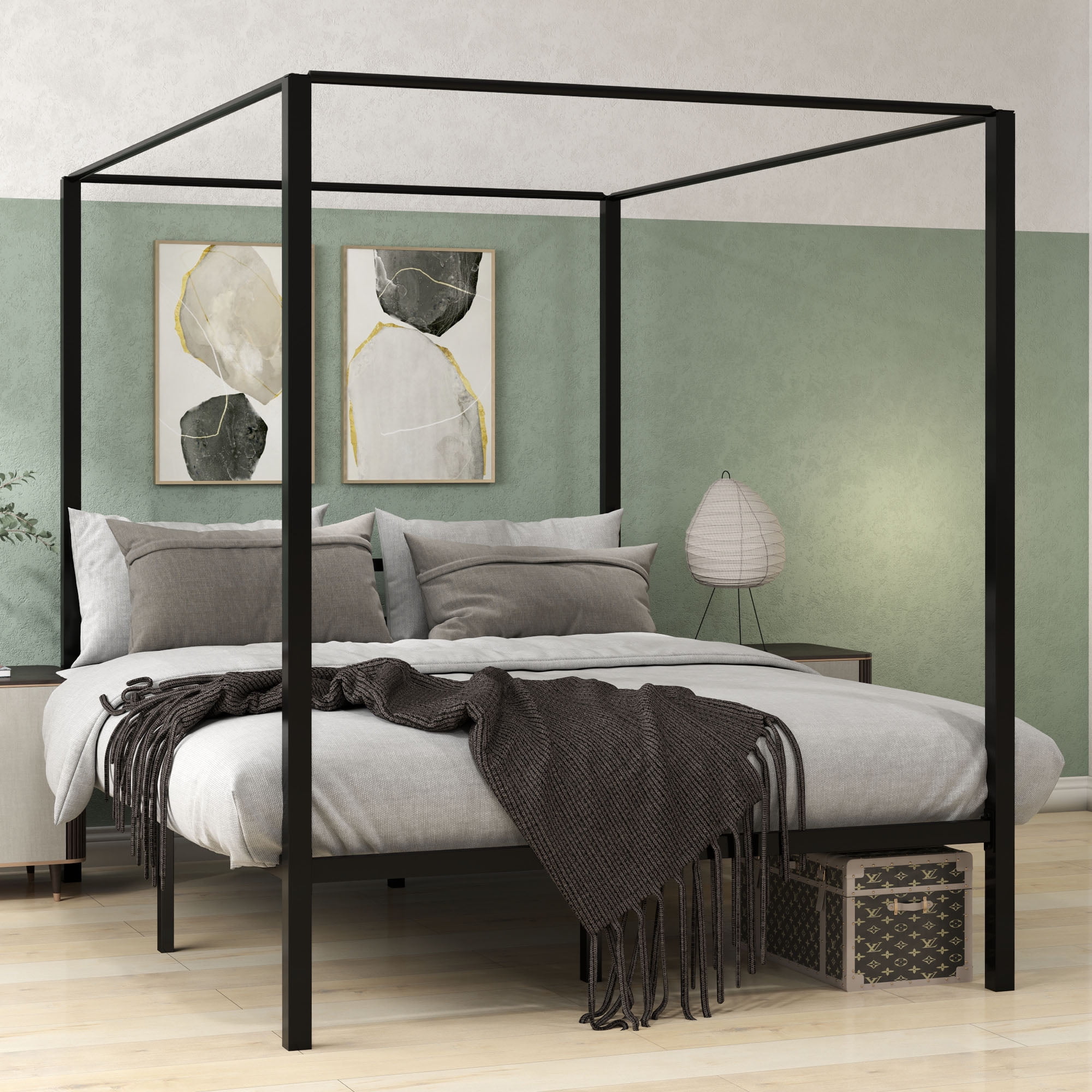 Dextrus Queen Size Metal Canopy Bed Frame 14" Platform, No Box Spring Needed, Black