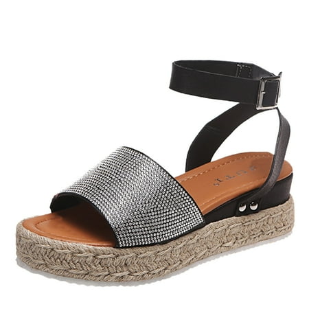 

iOPQO Women s Wedges Women s Summer Buckle Strap Wedges Weave Beach Open Toe Breathable Sandals Shoes Roman Style Wedge Wedge Wedge Black 40