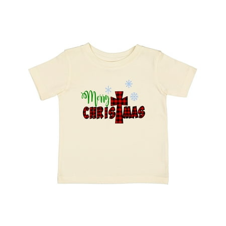 

Inktastic Merry Christmas Buffalo Plaid Cross with Snowflakes Gift Baby Boy or Baby Girl T-Shirt