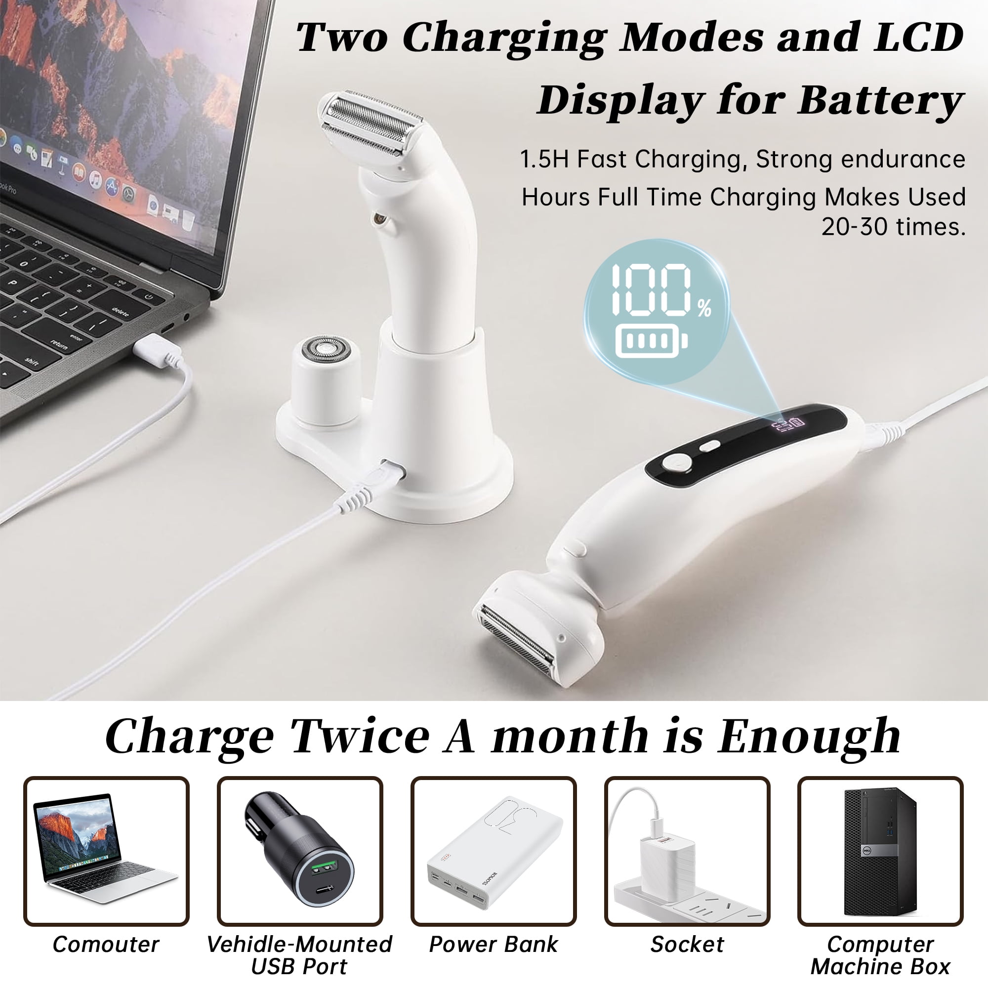 Women Electric Razor, 2 in 1 Electric Shaver for Women, LED Light, Digital Display, Low Noise, Wet Dry Use for Bikini Hair Removal Underarm Public Hairs Legs, White