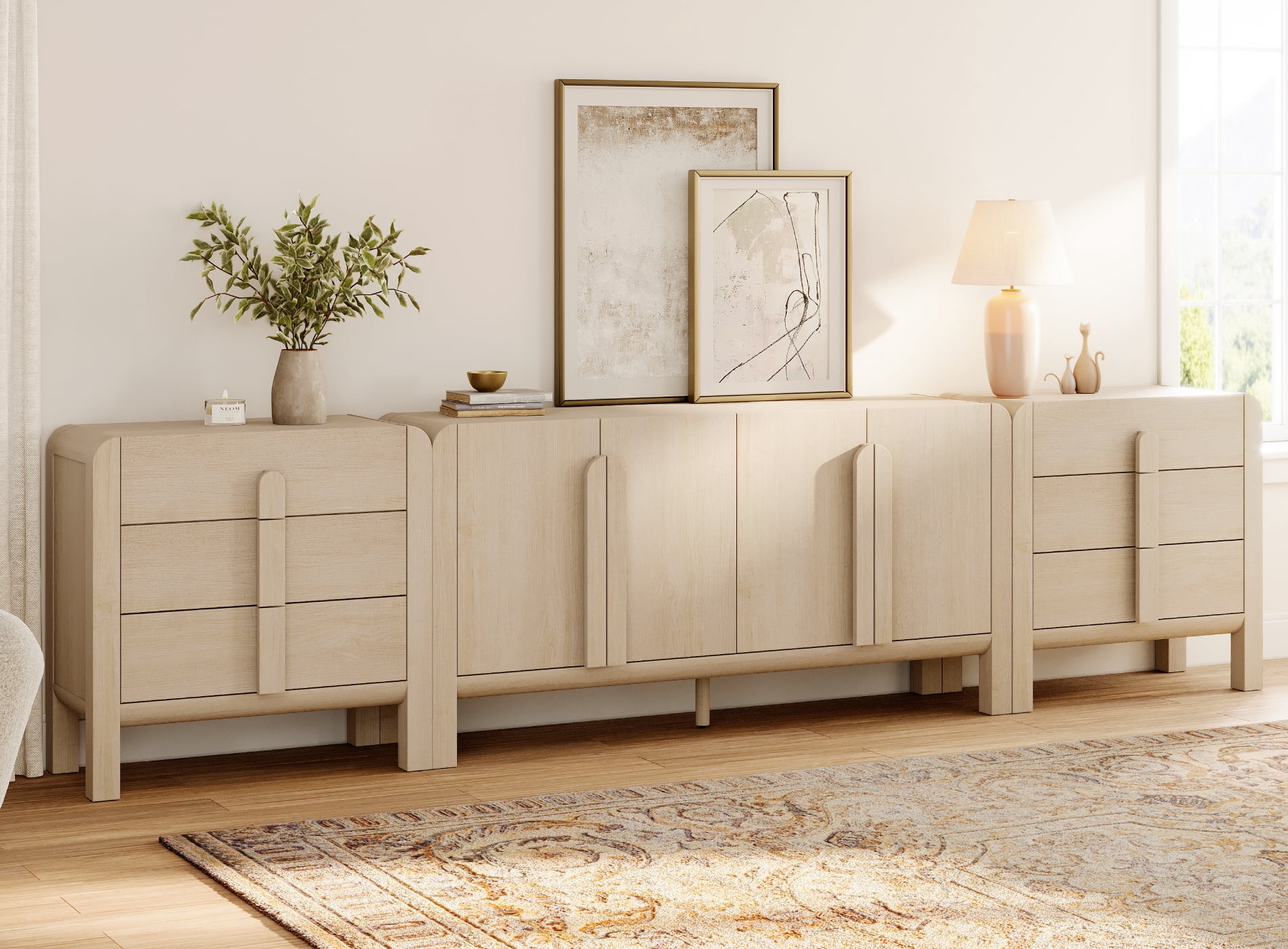 3-Piece Dresser Set for Bedroom, 126" Large Mid Century Dresser for Closet, Curved Profile Wooden Chest of Drawers for Bedroom,Living Room